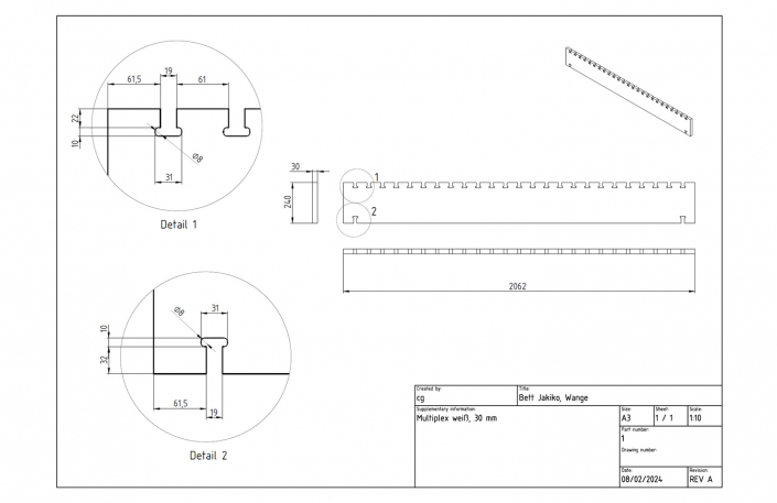 Bett Jakiko - CAD-Planzeichnung, CNC-Daten